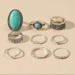 9 Piece Turquoise Silver Ring Set